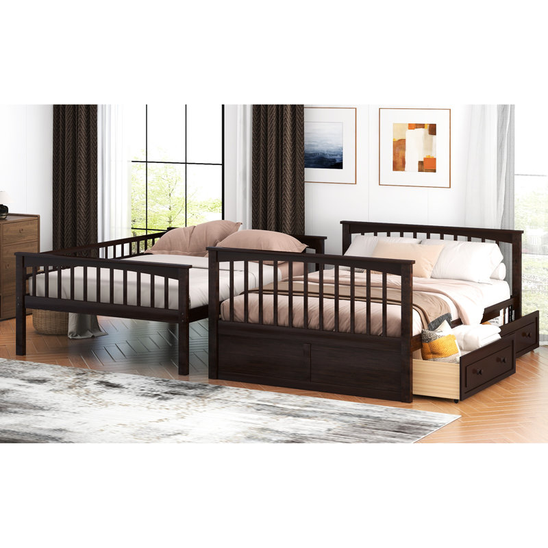 Lit superposé convertible au-dessus d'un lit superposé, pin et qualité de fabrication, tiroirs pour solution de rangement, garde-corps en forme de clôture, travail d'assemblage sans tracas, bois, poignées à roulettes, processus de mise en place facile