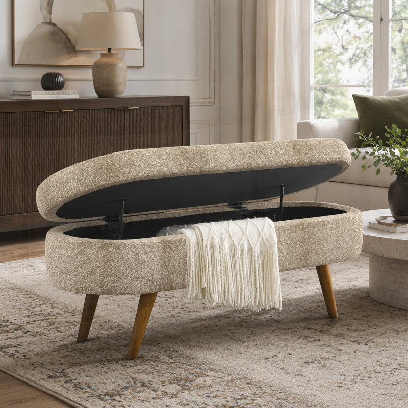 Repose-pieds de rangement ovale en tissu avec pieds en bois d'hévéa, parfait pour la décoration intérieure et une utilisation multifonctionnelle