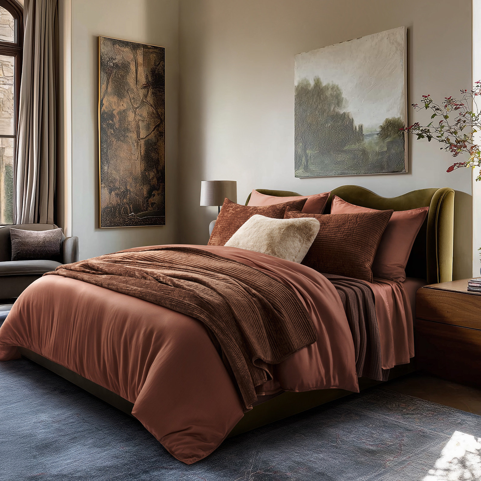 Velvet Quilt Set, King, Rust Brown