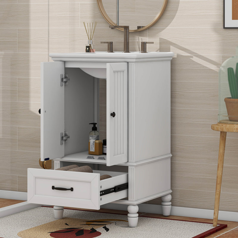 Meuble-lavabo de 20 po avec lavabo, deux portes, butoir de porte magnétique et patins réglables, un tiroir