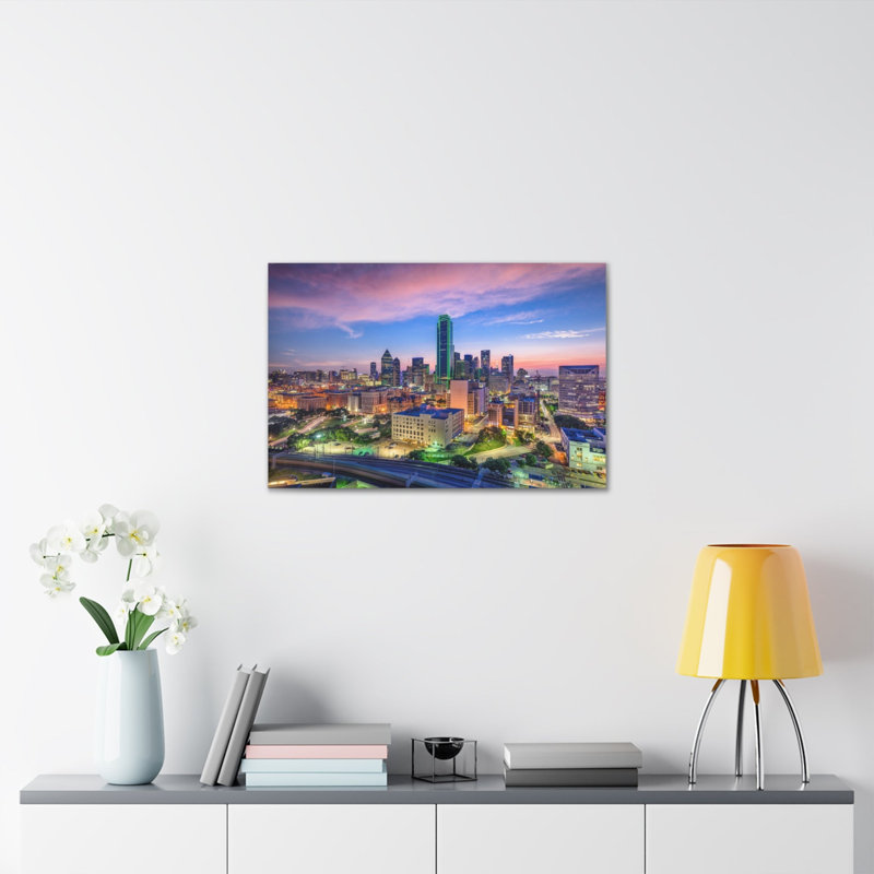 «Dallas Night Skyline», toile d'art à couper le souffle, paysage urbain époustouflant, H 18 po x l 24 po