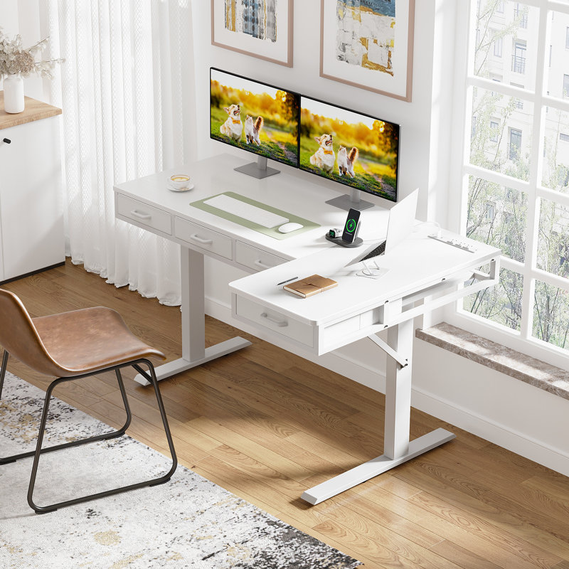 Bureau électrique debout avec 4 tiroirs sous le bureau, bureau réglable en hauteur avec prises de courant intégrées, bureau debout avec structure réversible, bureau personnel avec plateau caché pour la gestion des câbles