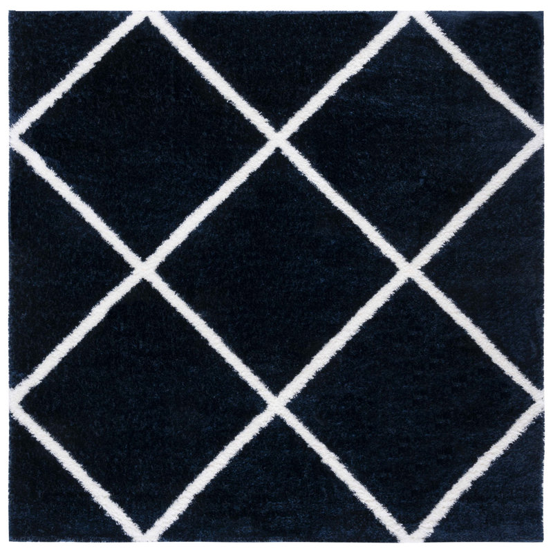 Tapis bleu marine / blanc à motif géométrique, Carré 6 pi 7 po