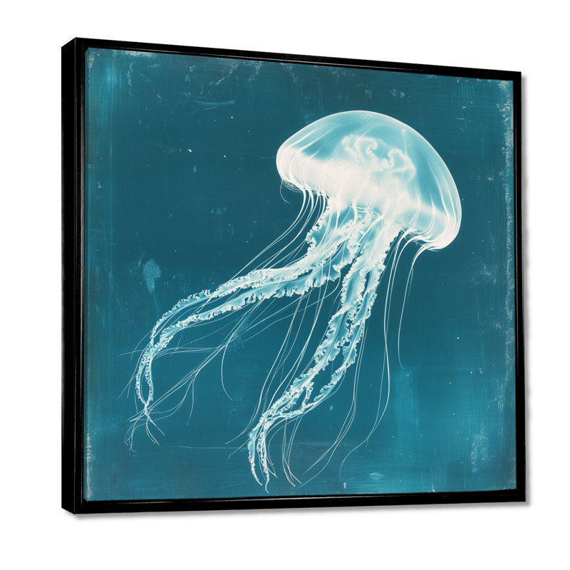«Blue Jellyfish in Deep Teal I», reproduction d'art sur toile encadrée, Cadre flottant noir, 16" H x 16" W