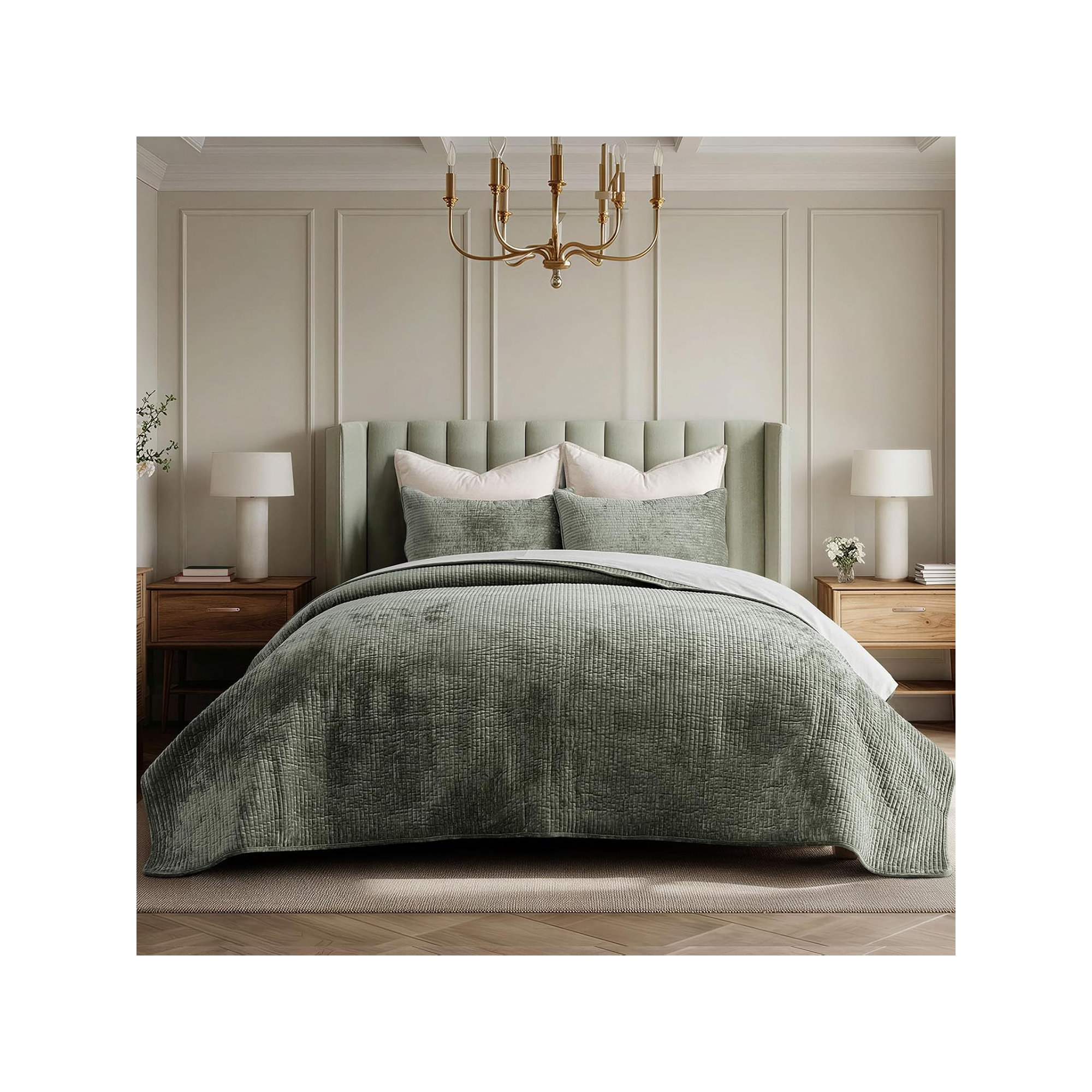 Striped Channel Velvet Quilt Set, Dried Thyme, King