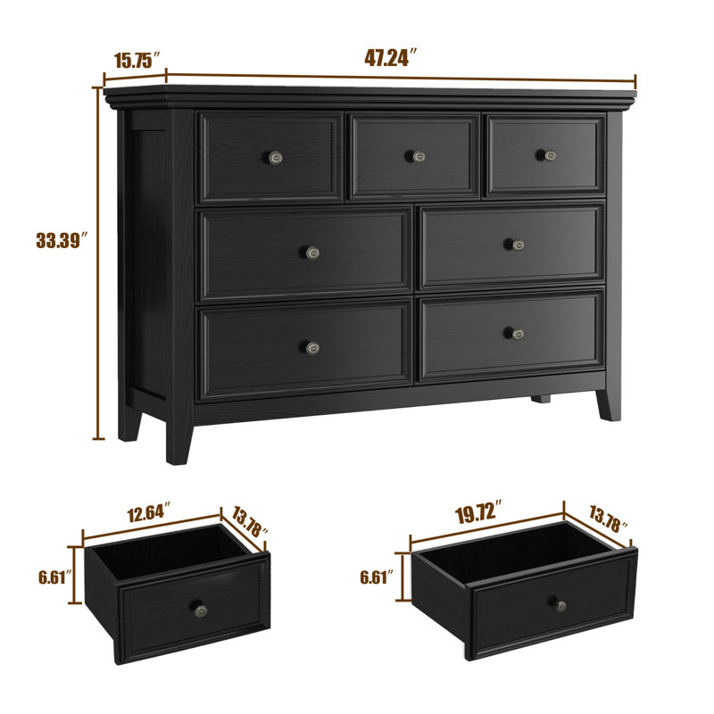 Farmhouse 7-drawer Dresser Extra Deep Storage Rustic Storage Chest Organizer For Master Bedroom & Living Space, Black