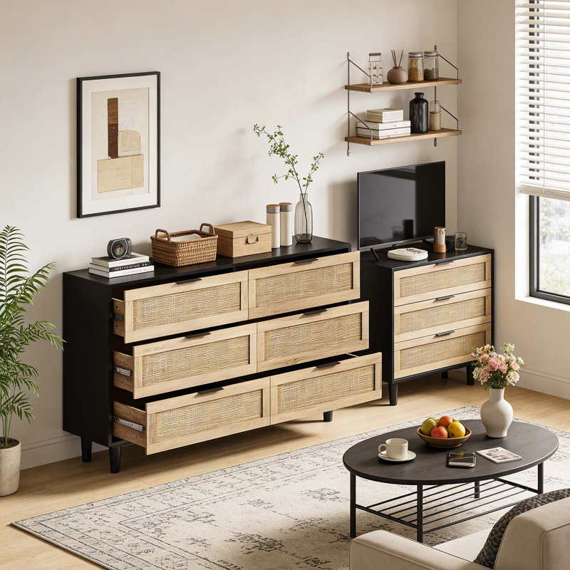 Armoire de rangement élégante en rotin à 6 tiroirs, 51.18", Noir