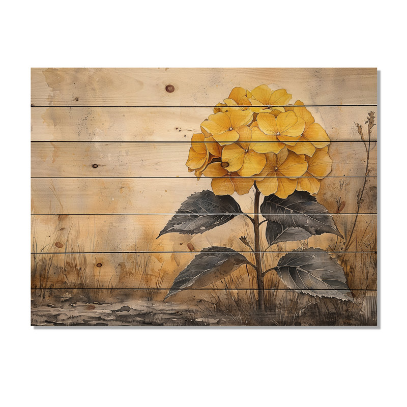 Hydrangées jaunes, foyer II - impression d'hortensias sur bois de pin naturel, H 10 po x l 20 po