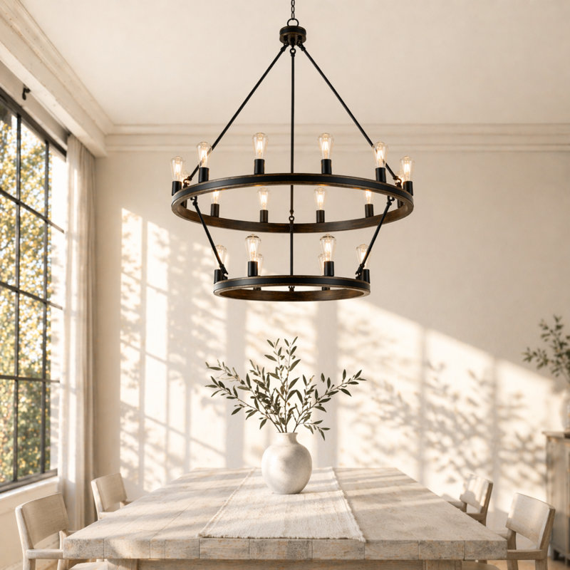 Finbar 18 - Light Steel Dimmable Wagon Wheel Chandelier,Suitable for High Ceiling, Weathered Walnut