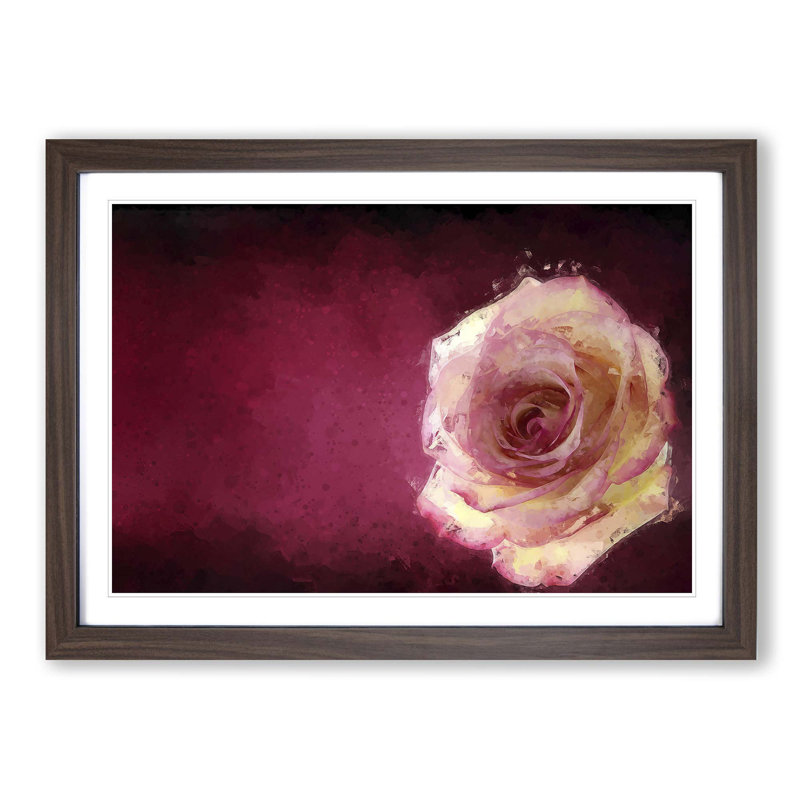 Lone Pink Rose in Abstract - Picture Frame Painting Print, 40cm H x 60cm W x 2cm D, Walnut