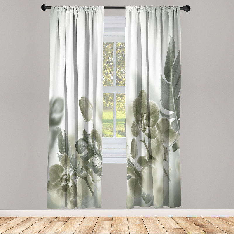 Microfiber Floral Semi-Sheer Rod Pocket Curtain Panels, 28" W x 95" L, Moss Green/White