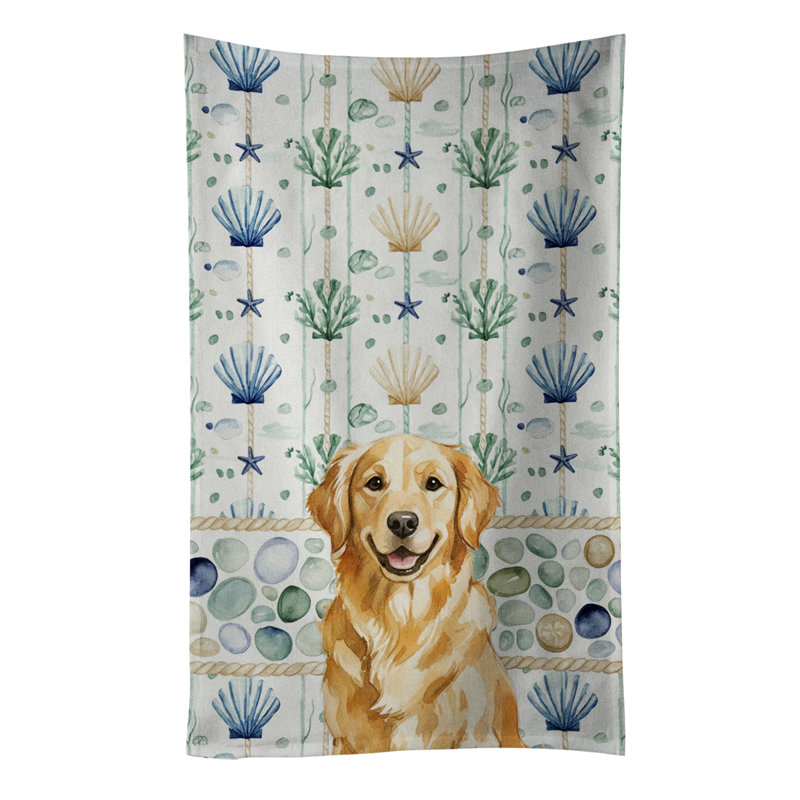 Golden Retriever Coastal Sea Glass Kitchen Towel, Golden Retriever