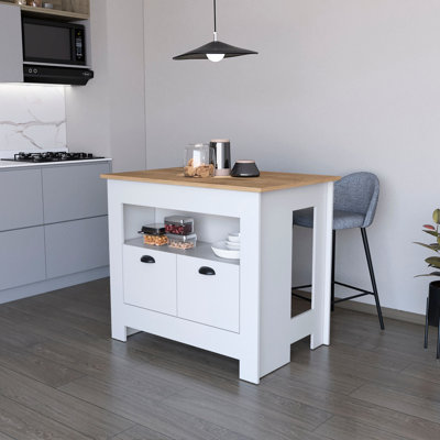 Îlot de cuisine blanc à 2 portes avec beaucoup d'espace de rangement - 3 tablettes charmantes et 2 portes pratiques