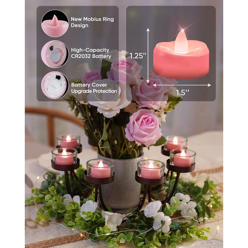 24 Pack Pink LED Flameless Tea Light Votives: Battery Operated, Realistic, 1.5" D x 1.25" H, for Wedding & Home Party Decor