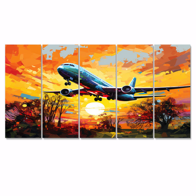 Avion qui décolle au coucher du soleil d'automne - train, art mural sur toile 5 pièces, H 28 po x l 60 po