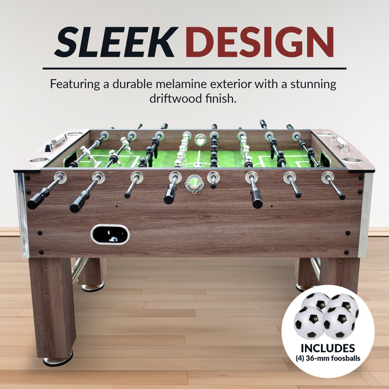 Table de soccer Hathaway Driftwood de 56 pouces de taille adulte pour salle de jeux familiale - avec terrain de jeu lisse, joueurs lestés, double pointage, retour de balle automatique, niveleurs de pieds robustes et balles de soccer