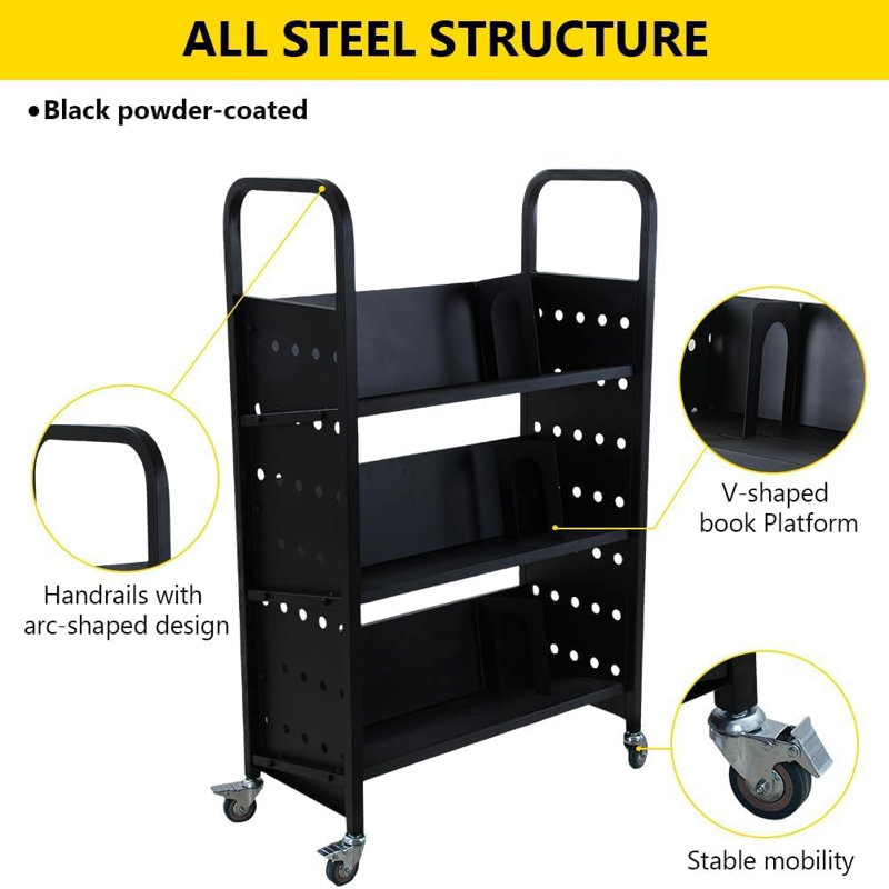 Library Cart, Rolling Book Cart With 4 Inch Lockable Wheels