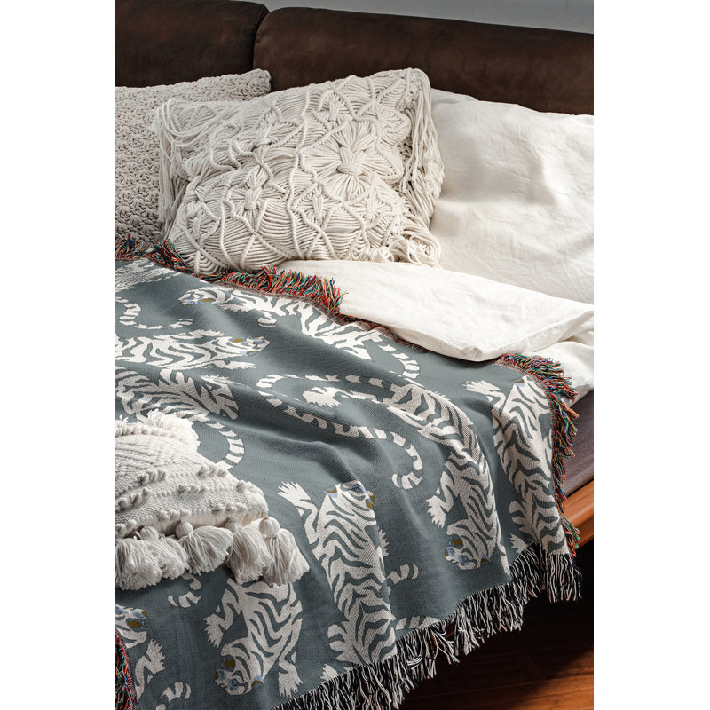 Jeté en mélange de coton Leonard Tiger, Bleu gris / blanc cassé, L 70 po x l 50 po