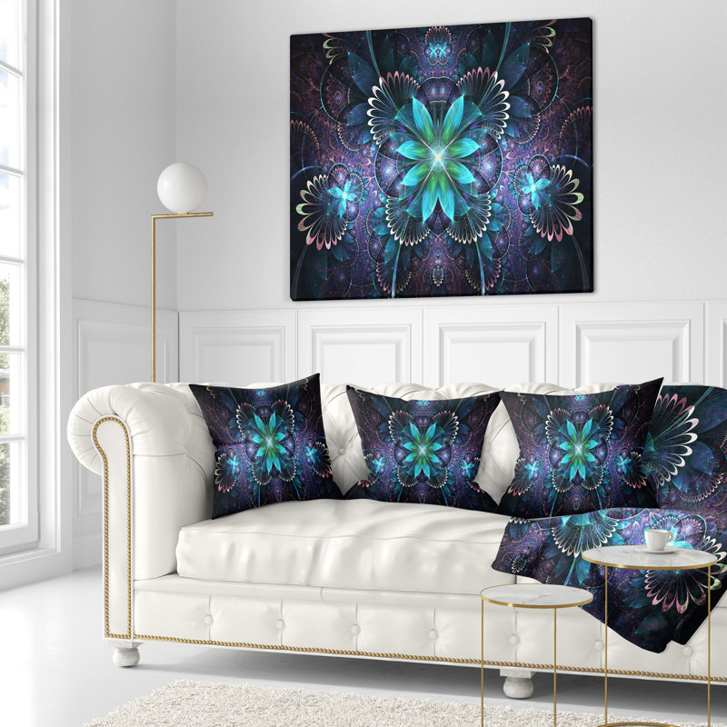Art numérique fractal fleur bleue - coussin imprimé floral, 16 po x 1 po, Coussin décoratif