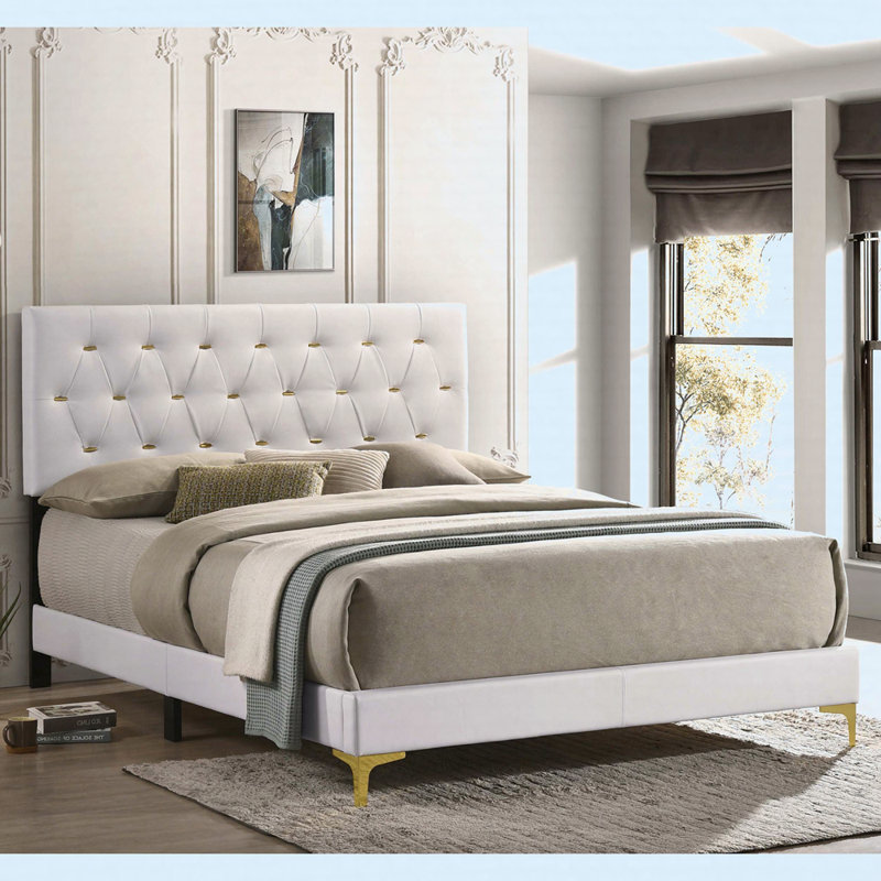 White Upholstered Queen Panel Bed, White