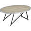 Table basse ovale de style industriel avec finition en chêne gris patiné et supports en métal noir pour une grande surface