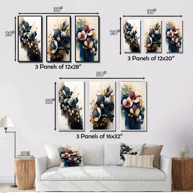 «Deep Blue Calla Lily Bouquet», 3 pièces sur toile, H 32 po x l 48 po, Noir