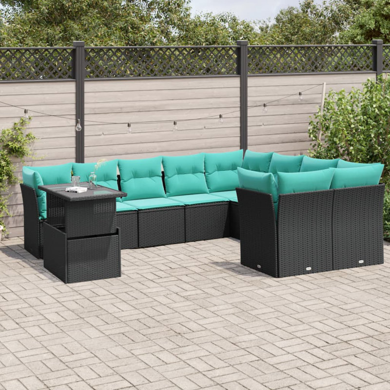 Ensemble de canapé de patio 10 pièces avec coussins en rotin de polyester, Bleu clair, Noir