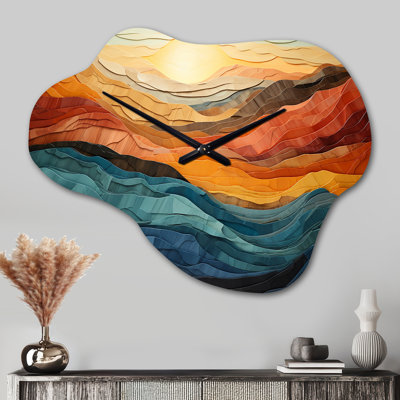 Coral Teal Bold Mountains Landscape - Mountains Cloud Metal Wall Clock, Traditional Asymmetrical Wall Clock Print