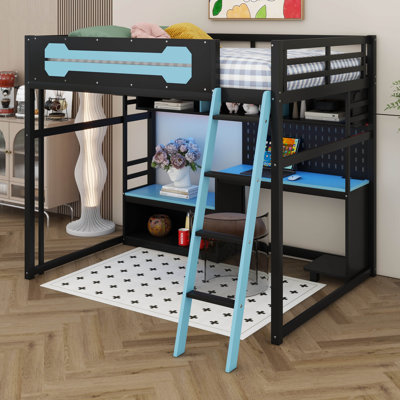 Structure de lit mezzanine pleine grandeur avec bureau, lit mezzanine en bois avec tablettes, lumières DEL, ports USB, panneau perforé, échelle et barrière de sécurité
