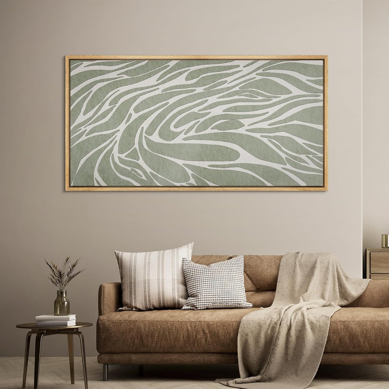 Abstrait motif zébré vert et blanc rétro rétro, H 30 po x l 60 po, Naturel