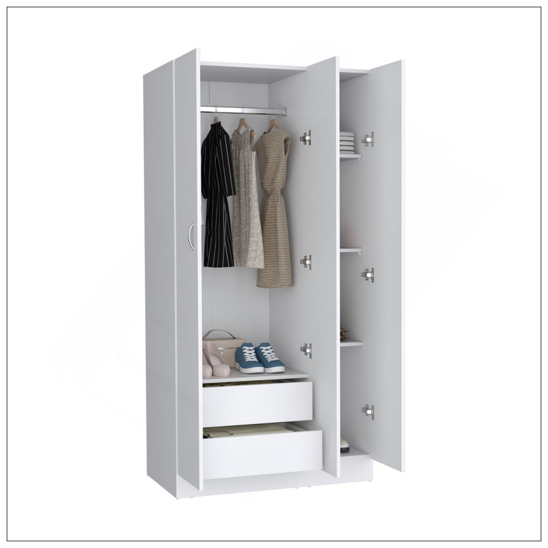 Armoire Ohio avec 3 portes, 2 tiroirs et 4 tablettes à niveaux - blanc, Blanc