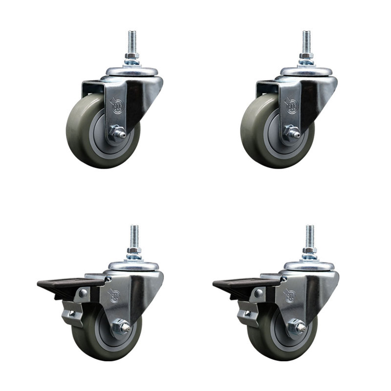 3 Inch Gray Polyurethane 3/8 Inch Threaded Stem Caster Set 2 Brakes SCC
