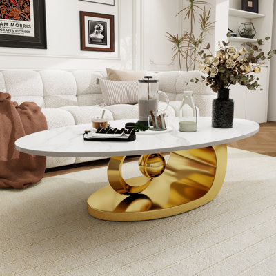 Modern White Marble Coffee With Stainless Steel Base,51" Oval Coffee Table With Marble Texture For Living Room by Everly Quinn