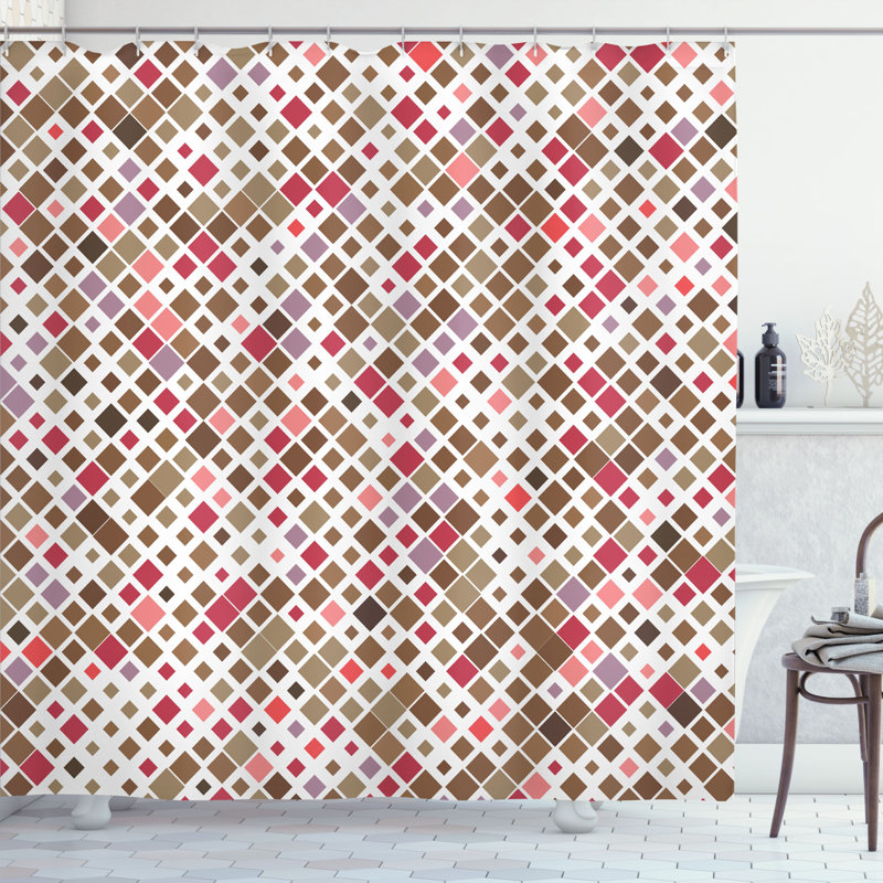 Berlanga Geometric Shower Curtain with Hooks Included, 69"H x 70"W, White Ruby