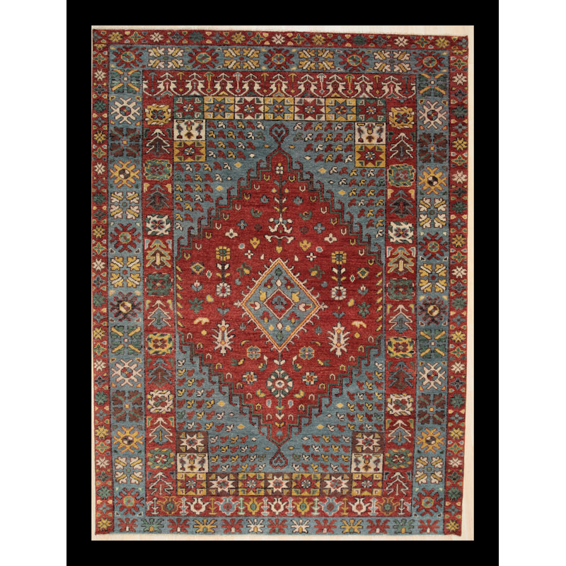 Tapis médaillon traditionnel en laine noué à la main Mervyn, Rectangle 6 pi x 9 pi