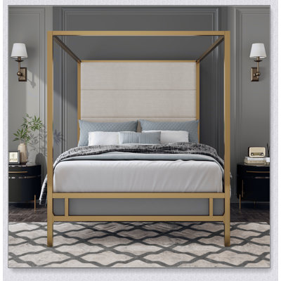 Modern Gold Canopy Bed With 76.5" Tall Linen Fabric Upholstered Headboard Metal 4-Poster Bed Frame, Box Spring Needed