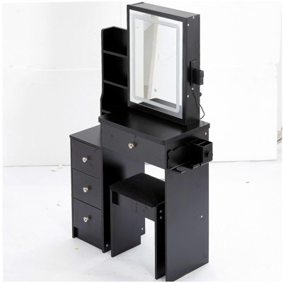 29.2" Small Size Left Bedside Cabinet Vanity Table + Cushioned Stool,2 AC+2 USB Power Station,Hair dryer bracket,Extra Large Touch Control Sliding LED Mirror,Tri-color Switching,Brightness Adjust