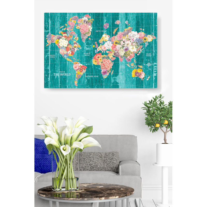 Carte sur les Continents en fleurs sur fond bleu sarcelle, bleu, rouge, jaune, H 26 po x l 50 po x P 1,5 po