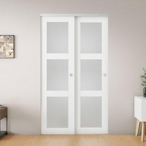 Frosted Glass and Solid Manufactured Wood Sliding Closet Doors with Installation Hardware Kit