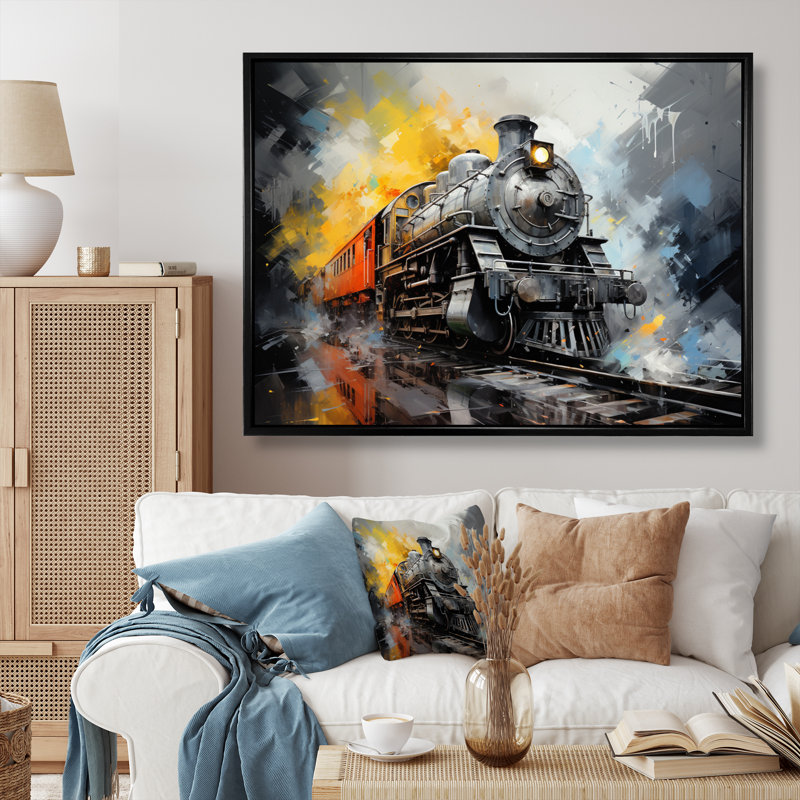 " Yellow Grey Train Translucent Rhythms ", Black Floater Framed, 34" H x 44" W x 1.5" D