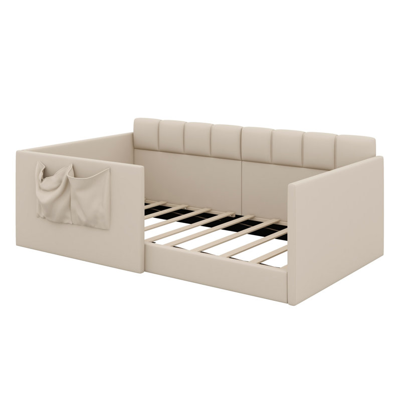 Lit d'invité peu encombrant avec poches de rangement, lit de jour et panneaux latéraux hauts, Lit simple, Beige
