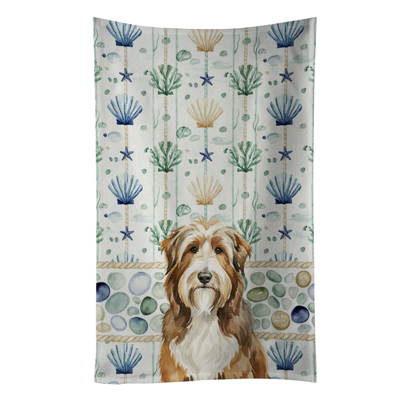 Serviette de cuisine blanche en verre de mer à épagneul tibétain blanc, Bearded Collie brun