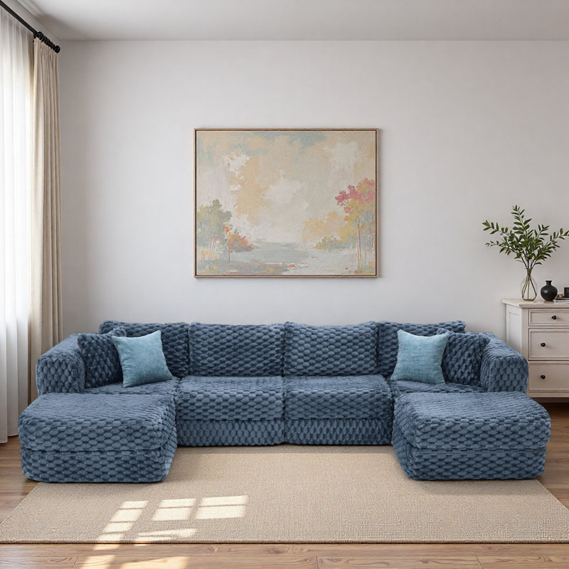Canapé modulaire modulaire avec deux repose-pieds mobiles, Polyester - bleu