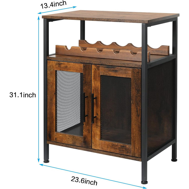 Rustic Brown Industrial Wine Bar Cabinet with Mesh Doors