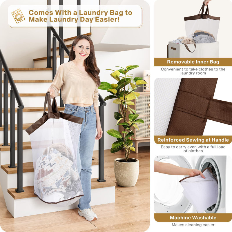 Panier à linge de luxe double avec couvercle et sacs amovibles, grand panier à linge, panier à linge 2 sections, panier à linge pliable pour chambre à coucher, salle de lavage, salle de bain, blanc cassé