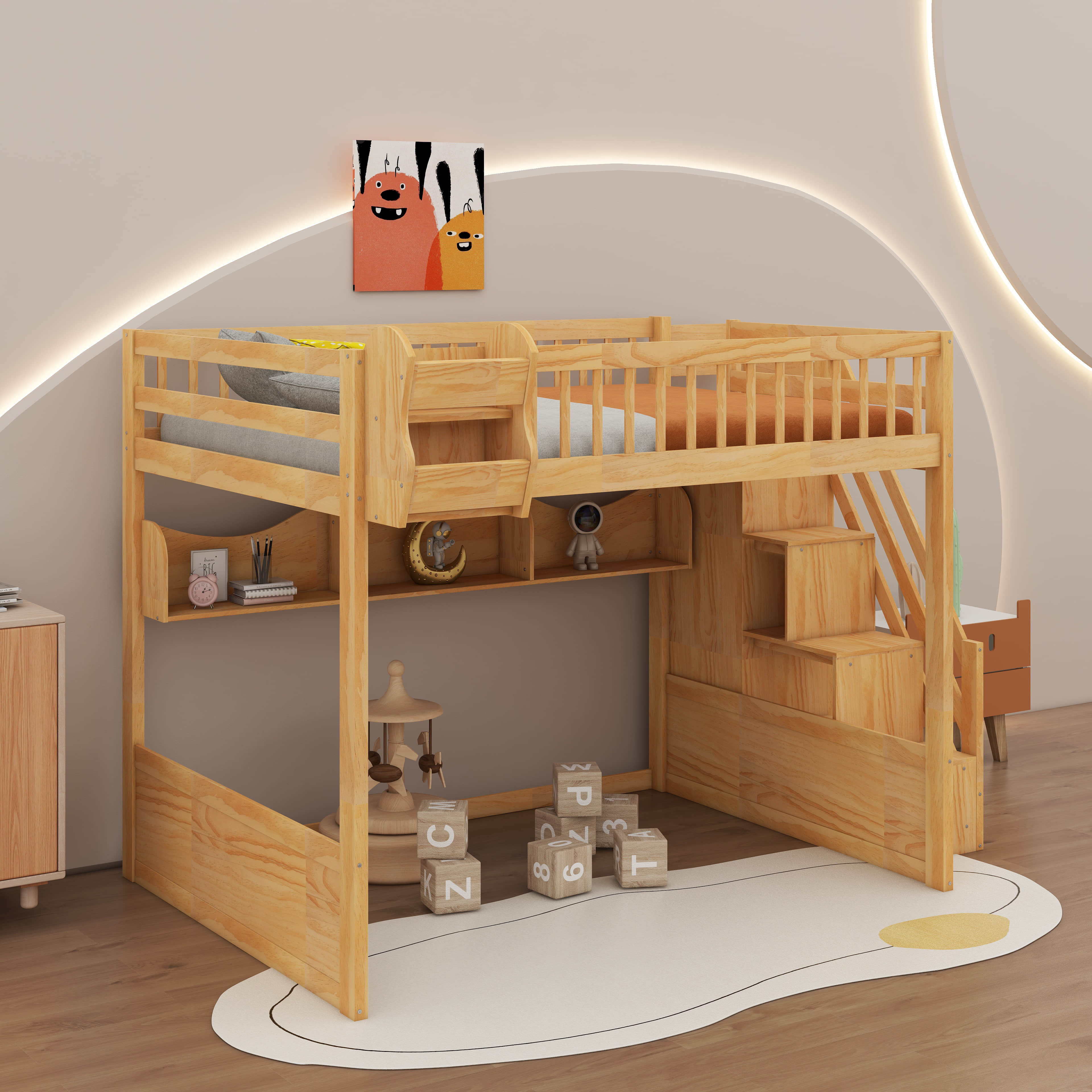 August Grove® Queen-Size Wooden Loft Bed With Steps & Closet, Bunk Bed ...