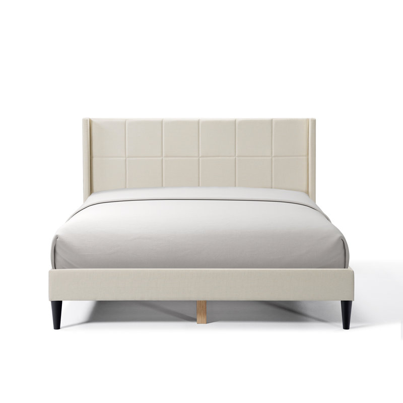 Lit rembourré avec tête de lit à oreilles et structure en bois, Beige