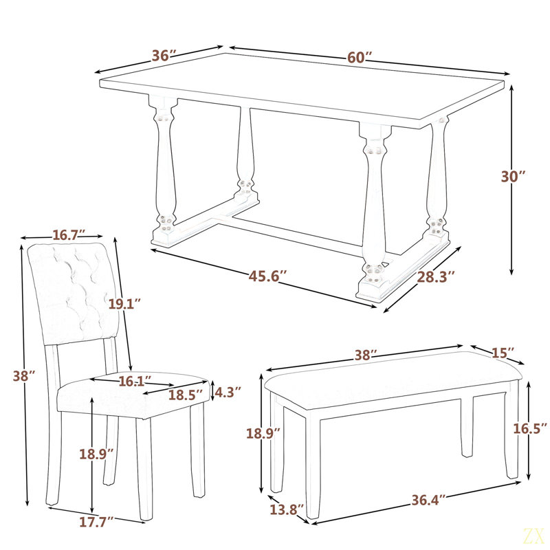 Ensemble de table et chaises de salle à manger 6 pièces avec pieds de forme spéciale et dossiers et coussins recouverts de mousse pour la salle à manger