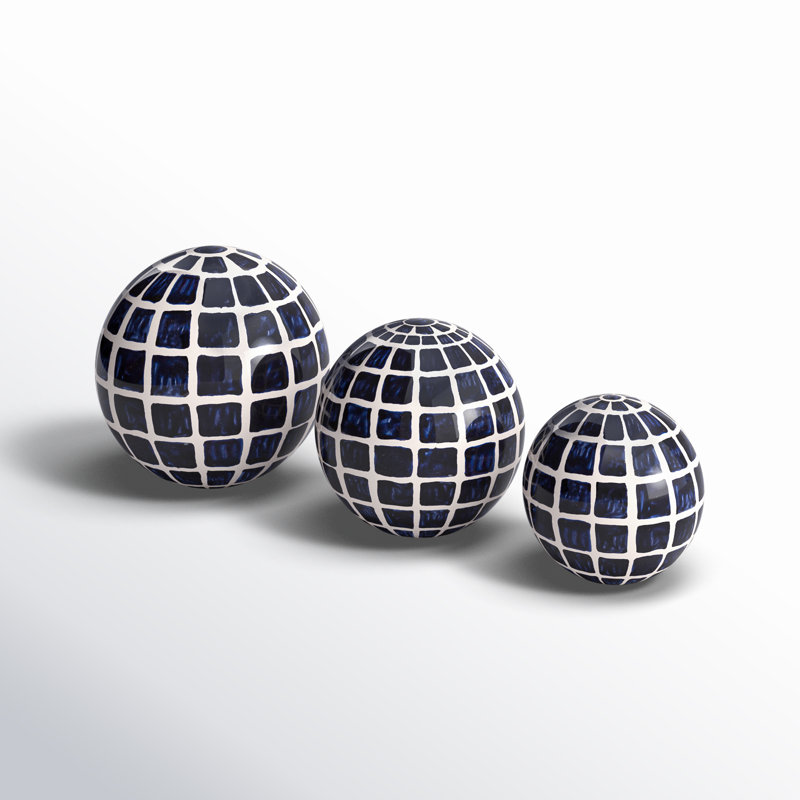 Halcott Set of 3 Ceramic Orbs - 4", 5", 6" Set of Blue and White Checkered Decorative Round Table Orbs for Home or Office Decor, Stylish Gift Idea