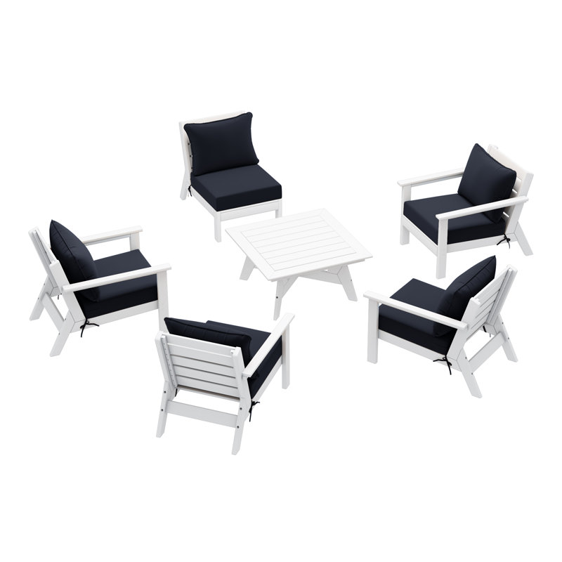 6-Piece Deep Seating Set, White, Navy Blue
